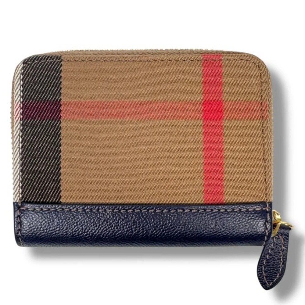 Burberry Check Canvas Navy Blue Zip Around Wallet - Picture 3 of 17